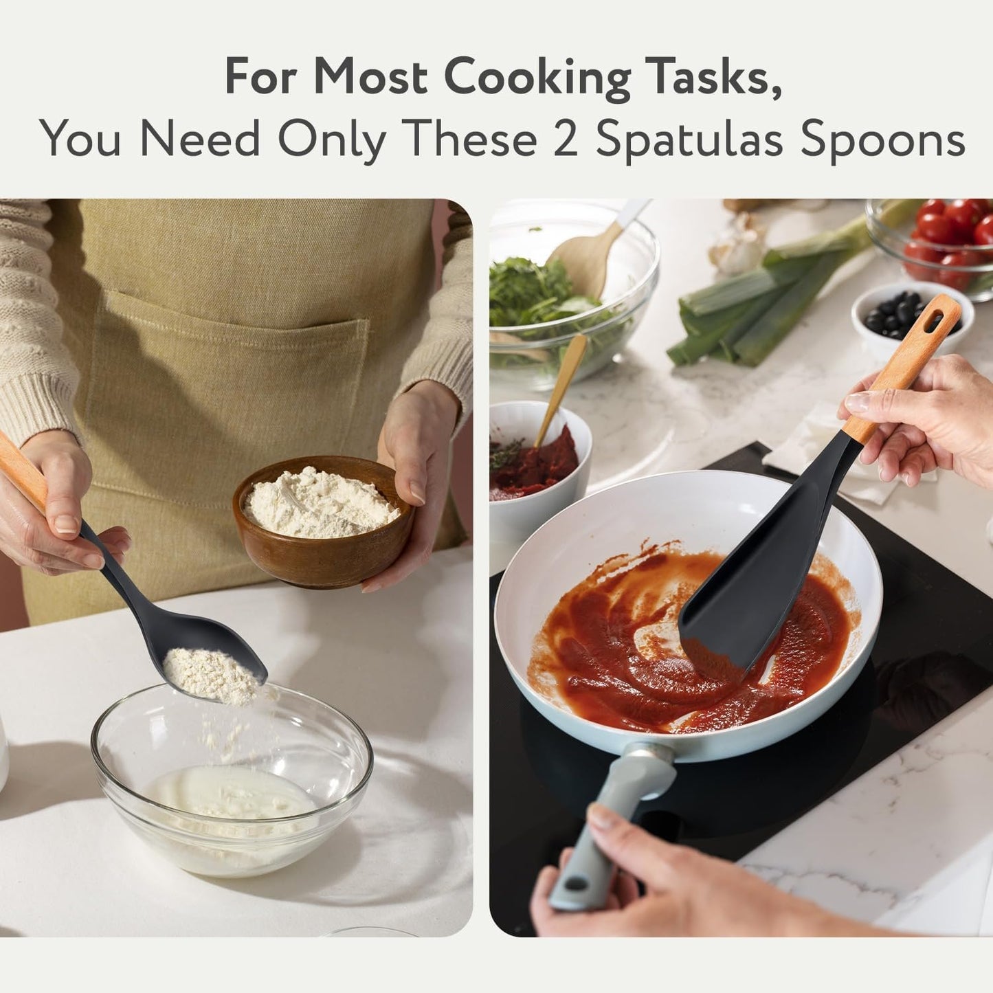 Spatula Spoon 2-Pack, Silicone Cooking Spoon for Nonstick Cookwares, Multifunction Kitchen Utensils for Cooking, Serving, Mixing, Scoop, Scrape and More