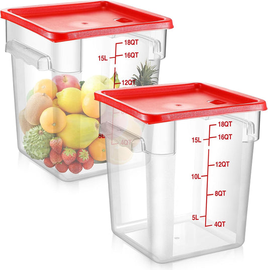 Suclain 2 Pcs Square Food Storage Container Polycarbonate Clear Food Container with Red Lid Commercial Rice Storage with Red Graduations for Commercial Kitchen(12QT)