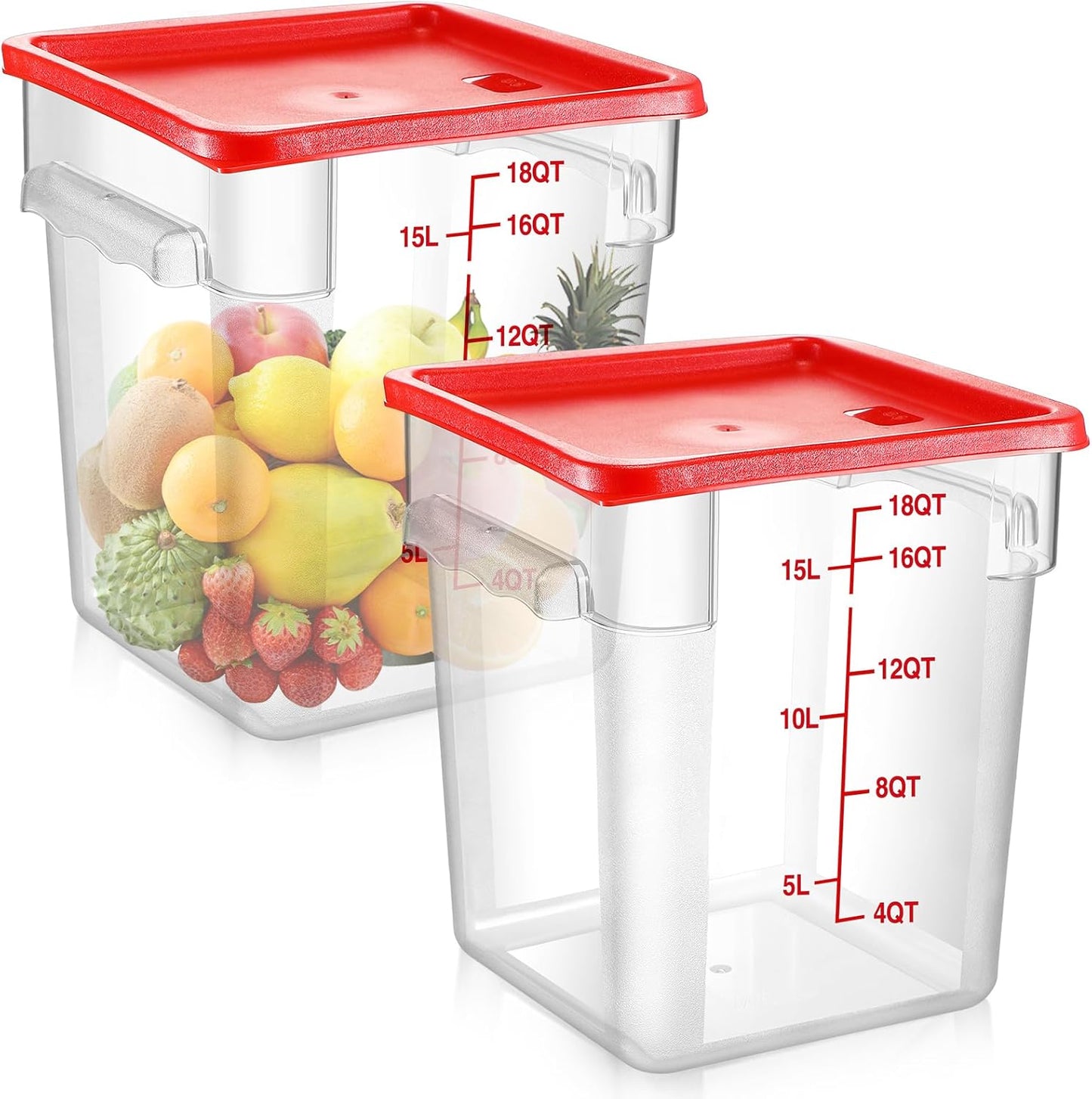 Suclain 2 Pcs Square Food Storage Container Polycarbonate Clear Food Container with Red Lid Commercial Rice Storage with Red Graduations for Commercial Kitchen (Quarts, 22)