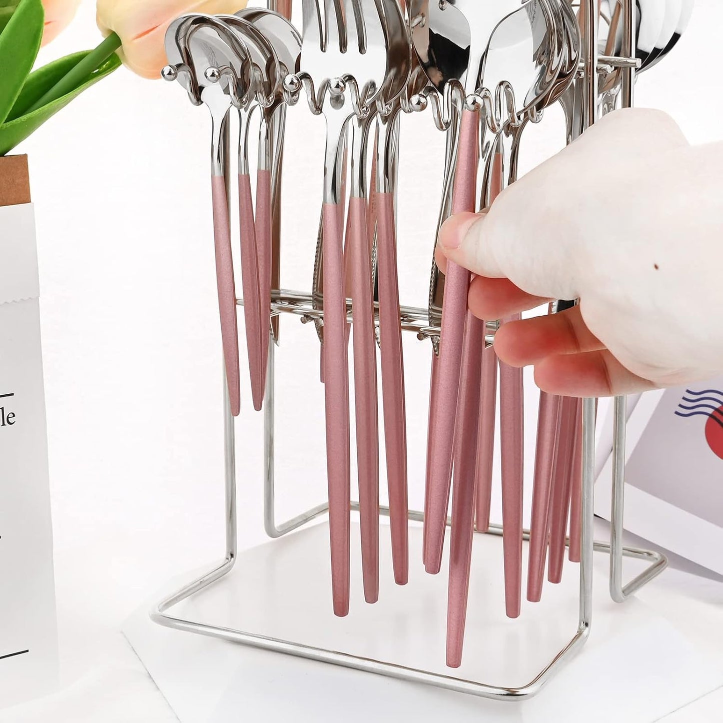 Pink Silver 24Pcs Flatware Set With Stand, Lightweight Dinnerware Set Stainless Steel Cutlery With Pink handles For Home Kitchen Wedding Party And Daily Use,Service For 6, Mirror Polish
