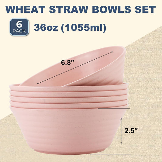 Wrova Wheat Straw Bowl Sets,6 PCS Unbreakable Cereal Bowl 36 OZ,Microwave and Dishwasher Safe Bowls,Kitchen Bowls BPA Free for Serving Soup,Oatmeal and Salad （Sakura）