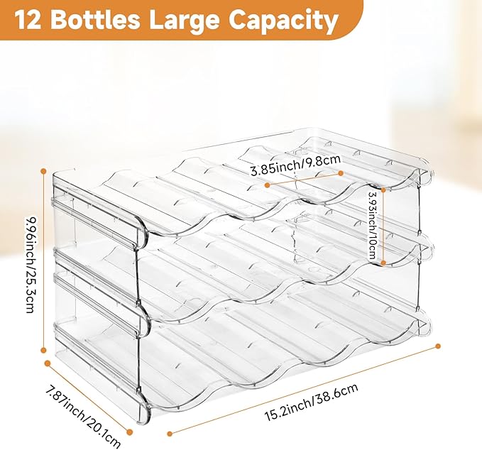 Stackable Water Bottle Organizer, Large Compartment Water Bottle Holder, 3 Tier Water Bottle Organizer for Cabinet, Water Bottle Rack for Kitchen Organization and Storage - Hold 12 Bottles