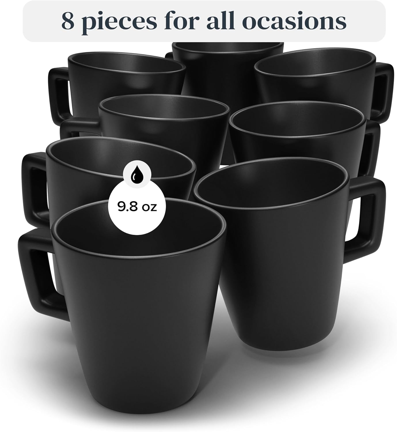 Stoneware coffee mugs set 8 pcs – 12 oz matte black ceramic cups – Dishwasher and microwave safe – Stylish large mug set – Dinner service Pure Living