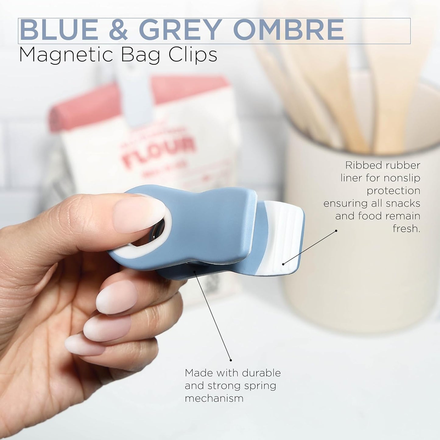 COOK WITH COLOR Bag Clips with Magnet - Chip Clips, Food Storage with Airtight Seal Grip for Bread, Snack and Food Bags (Blue and Grey, Pack of 10)