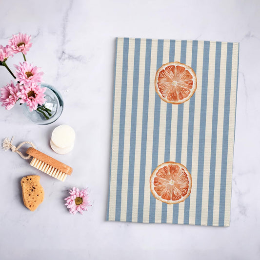 Grapefruit Fruit Kitchen Towels, Blue and White Striped Grapefruit Dish Tea Towel for Kitchen Decor, Fruit Lover Gifts Decorative Hand Towels for Bathroom, 16x24 Inch