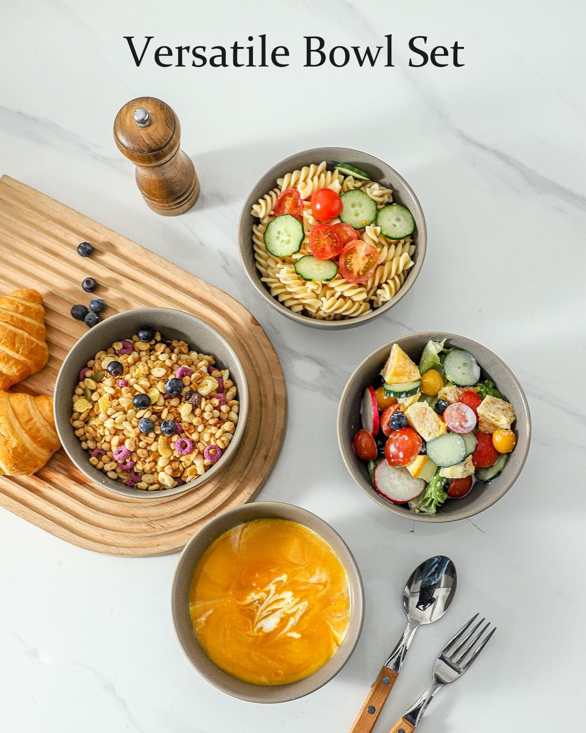 Cereal Bowls Set of 4, 24 oz Ceramic Bowls for Kitchen, Stoneware Soup Bowls for Salad, Ramen, Snack, Dessert, Unique Housewarming Gift, Dishwasher Microwave Safe, Matte Gray