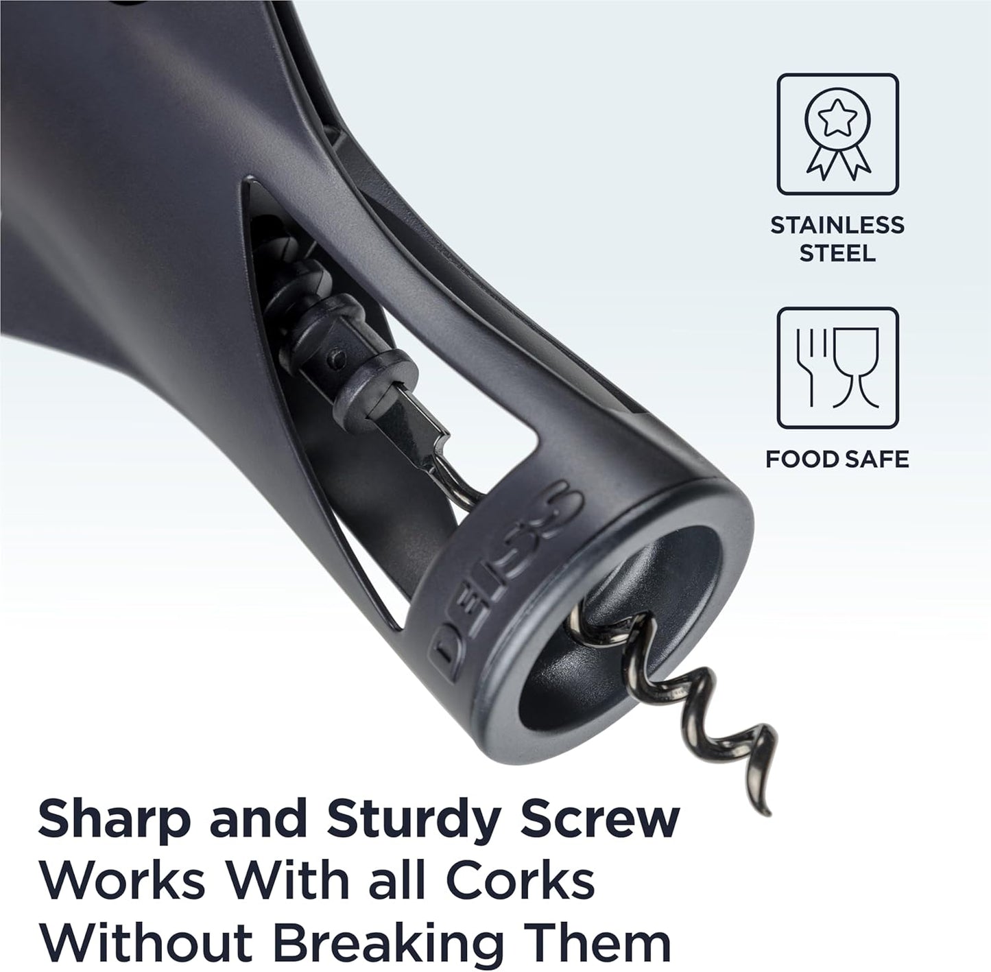 Deiss LUX Wine Opener, All-Metal Wing Corkscrew Wine Bottle Opener with Built-in Beer Bottle Opener - Ergonomic Cork Screw Wine Corker, Silver Matte Coating, Velvet Storage Pouch (BLACK)