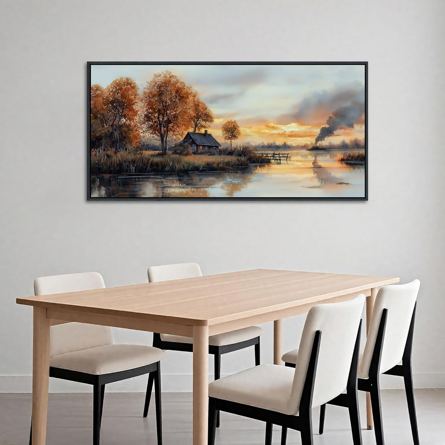 QZQCBLC Lake View Canvas Wall Art, Sunset Clouds Tree Cabin Orange Tone Landscape Wall Pictures Large Farmhouse Style Painting Framed Artwork for Living room Bedroom kitchen Home Office Decor 24x48 IN