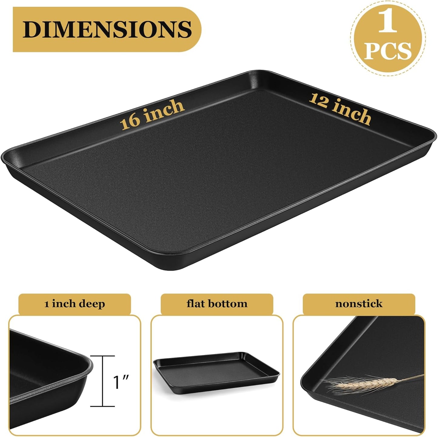 E-far 16x12 Inch Baking Sheet, Non-stick Cookie Sheet Pan for Oven Baking Cooking Roasting, Carbon Steel Tray Metal Bakeware for Jelly Roll Steak, Non-toxic & Warp Resistant, Easy Clean