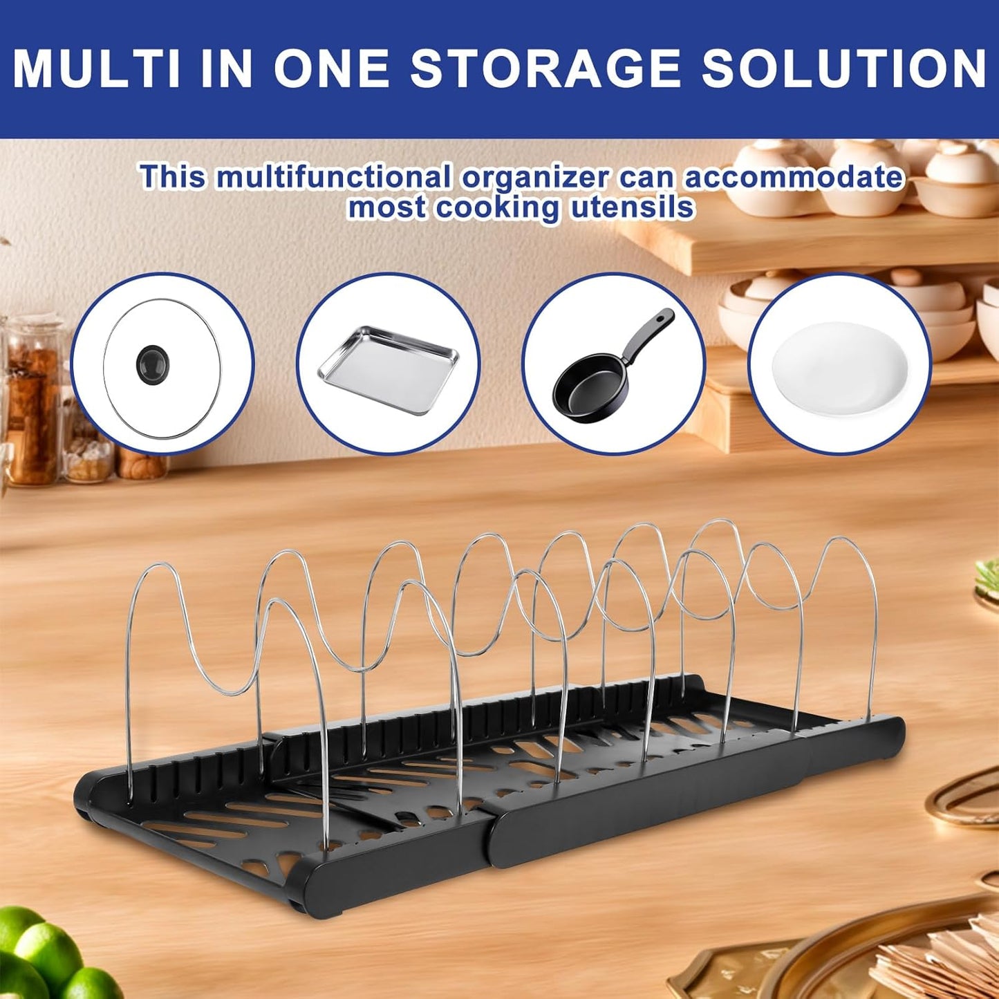 Pot and Pan Organizers Rack Multipurpose Anti Slip Pot Lid Holder Space Saving Cookware Baking Frying Rack Adjustable Cookware Baking Storage Holder for Kitchens (Black-1Pcs)