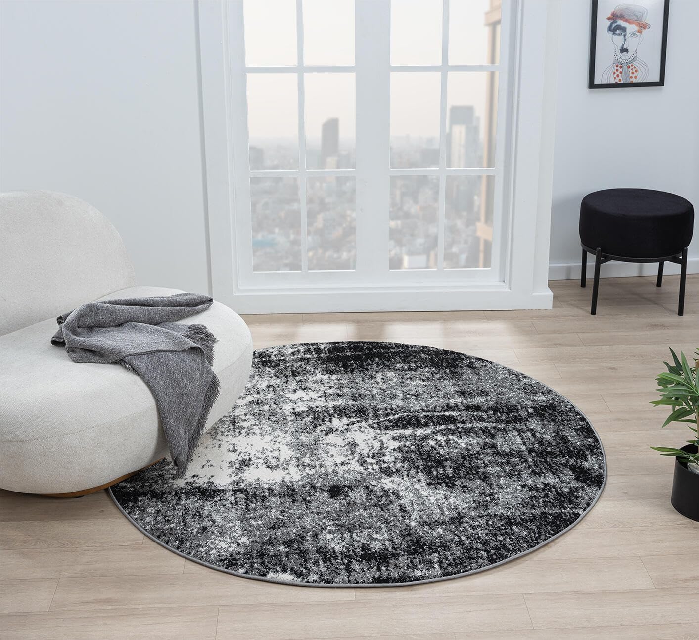 Keen Home Design Area Rugs - 5ft Round Non-Shedding, Abstract Rugs for Kitchen, Living Room, Bedroom, Dining Room, Entryway - Size: 5'3" Round, Abstract Black
