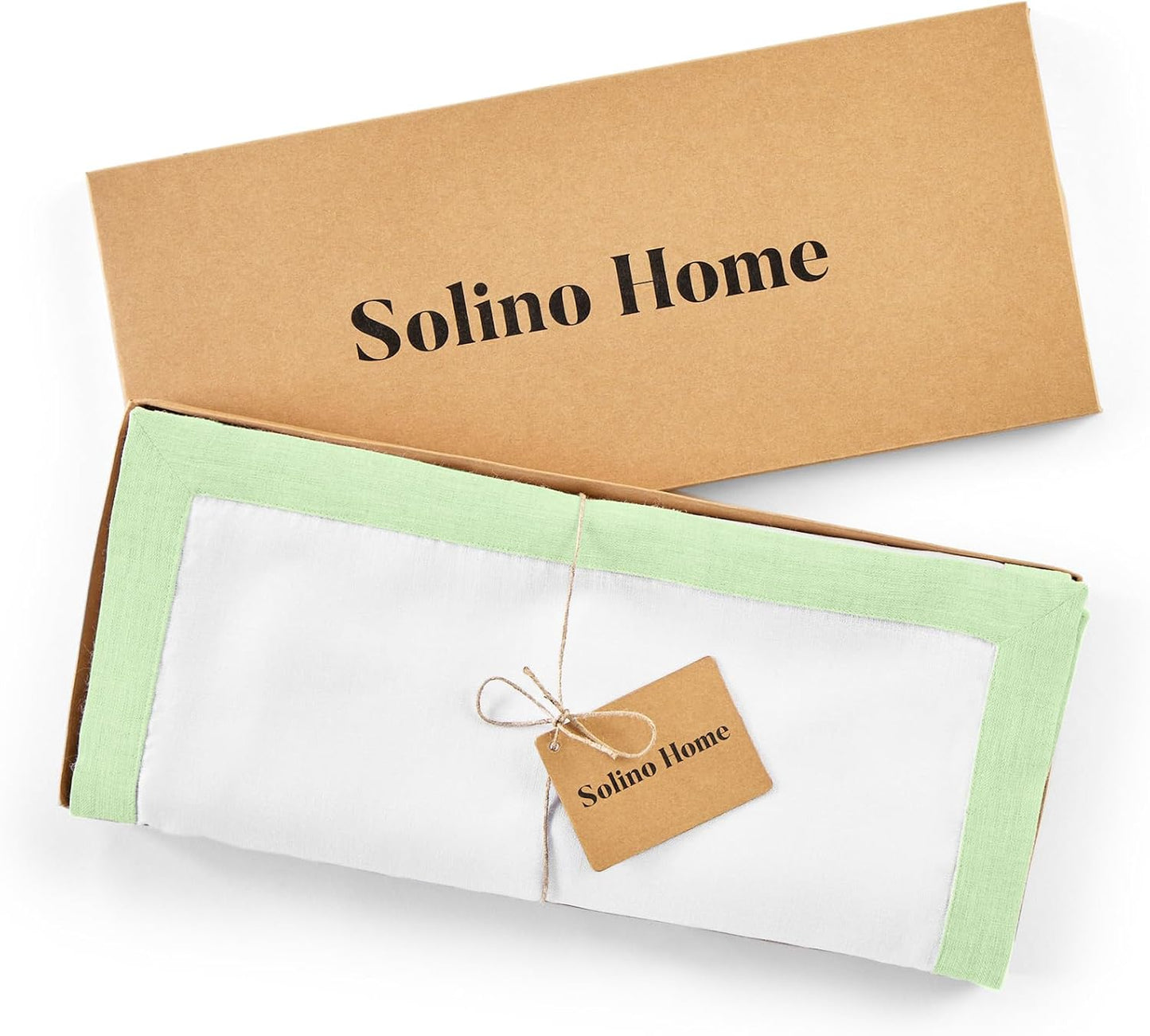 Solino Home Linen Table Runner 90 Inches Long - 100% Pure Linen Pastel Green and White Dining Table Runner 14 x 90 Inch for Fall, Autumn, Thanksgiving, Christmas - Classic