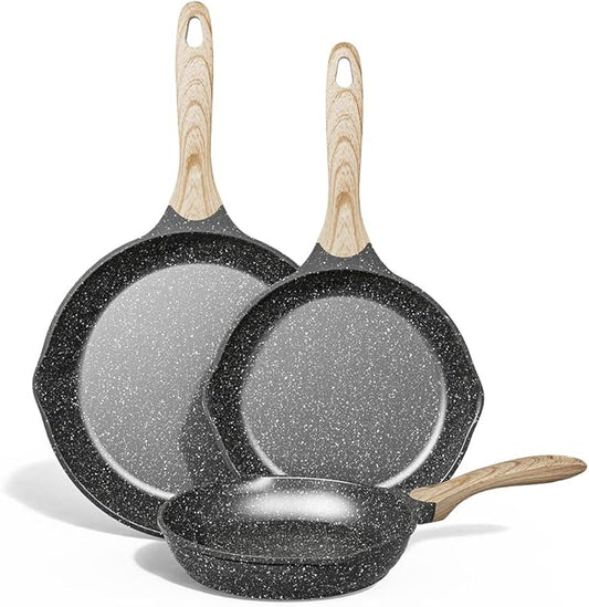 JEETEE Nonstick Frying Pans Set, Nonstick Omelette Skillet Set 3 Pcs, 8" 9.5" 11" Granite Non-Stick Frying pan with Bakelite Handle, Compatible with All Stovetops (Gas, Electric & Induction), Grey