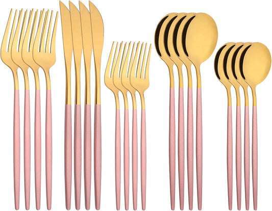 Silverware Set – 20 Piece Family Dinnerware Set – Flatware Set Service For 4 – Pink Gold Tableware Sets – Cutlery Great For Family Gatherings & Daily Use – Spoons, Knives, Forks