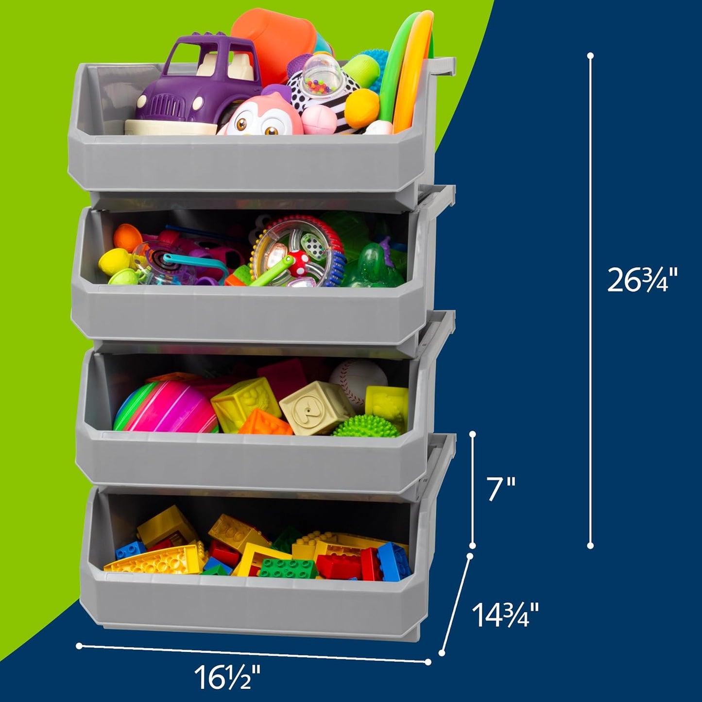 Plastic Containers for Organizing and Storage Bins for Closet, Kitchen, Office, Garage or Pantry Organization, Stackable Bins, Extra Large (14.8" x 16.5" x 7"), 4-Pack, Grey