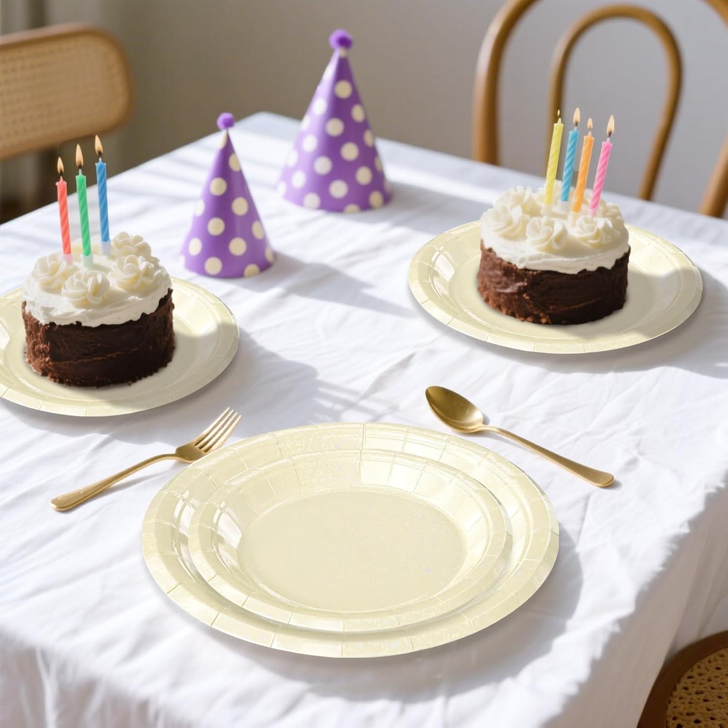 50 Pcs Iridescent Ivory Paper Plates 25 × 7'' and 25 × 9'' Disposable Ivory Shiny Holographic Foil Dinner Plates for Wedding Baby Shower Birthday Disco Party Glitter Dessert Plate