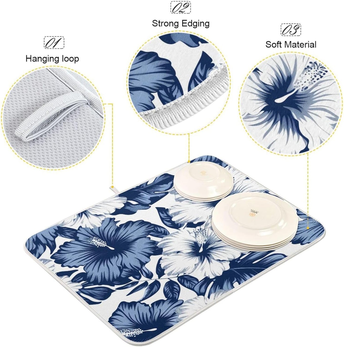 Blue White Hibiscus Flowers Dish Drying Mat for Kitchen Counter Super Absorbent Dishes Pad Reversible Microfiber Protector Dish Draining Mats 16x18 inch