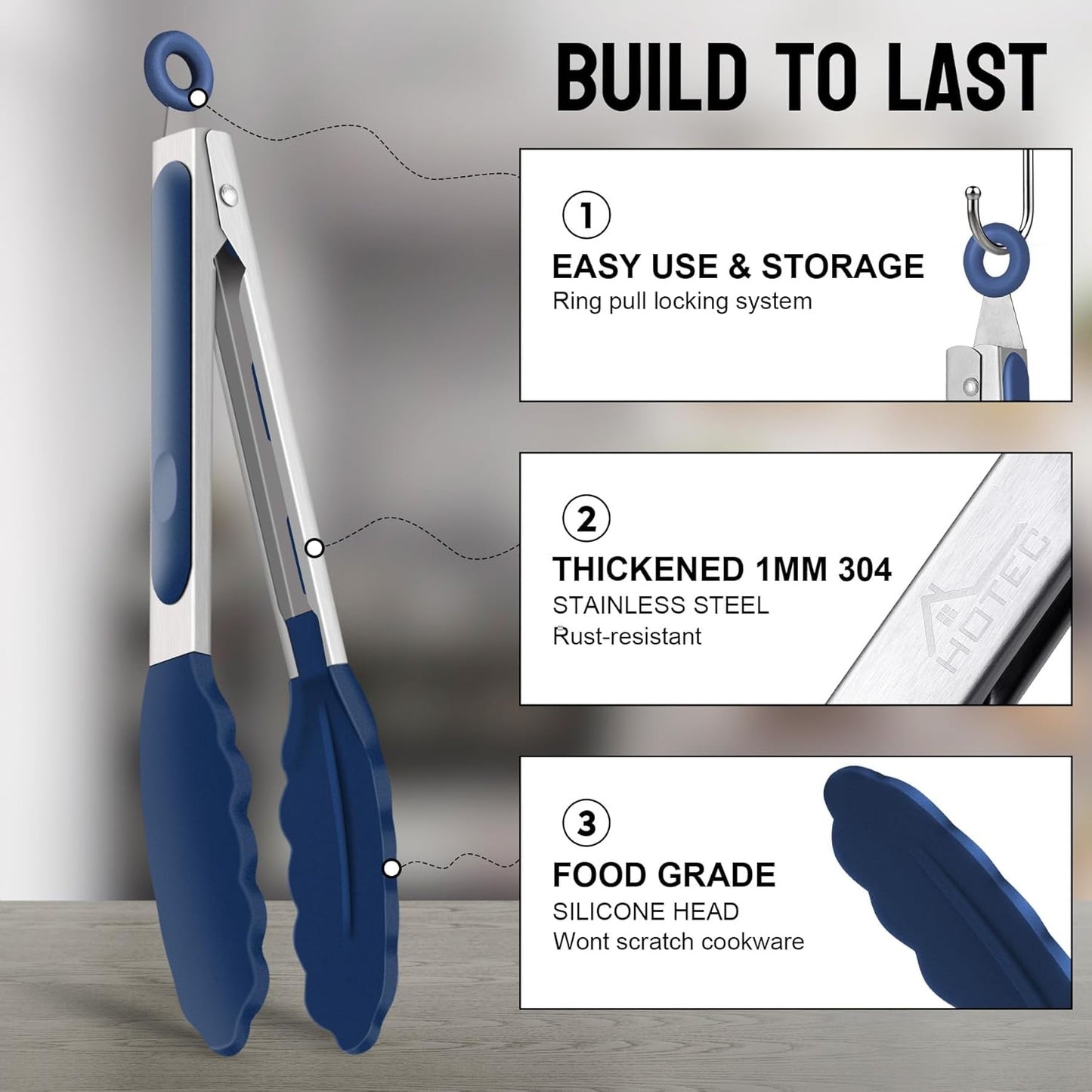 HOTEC Premium 7 & 9 Inch Kitchen Tongs, Stainless Steel Locking Cooking Tongs with Silicone Tips, Non-Scratch & Heat Resistant, Serving Tongs for Salad, BBQ, Classic Blue, Set of 2