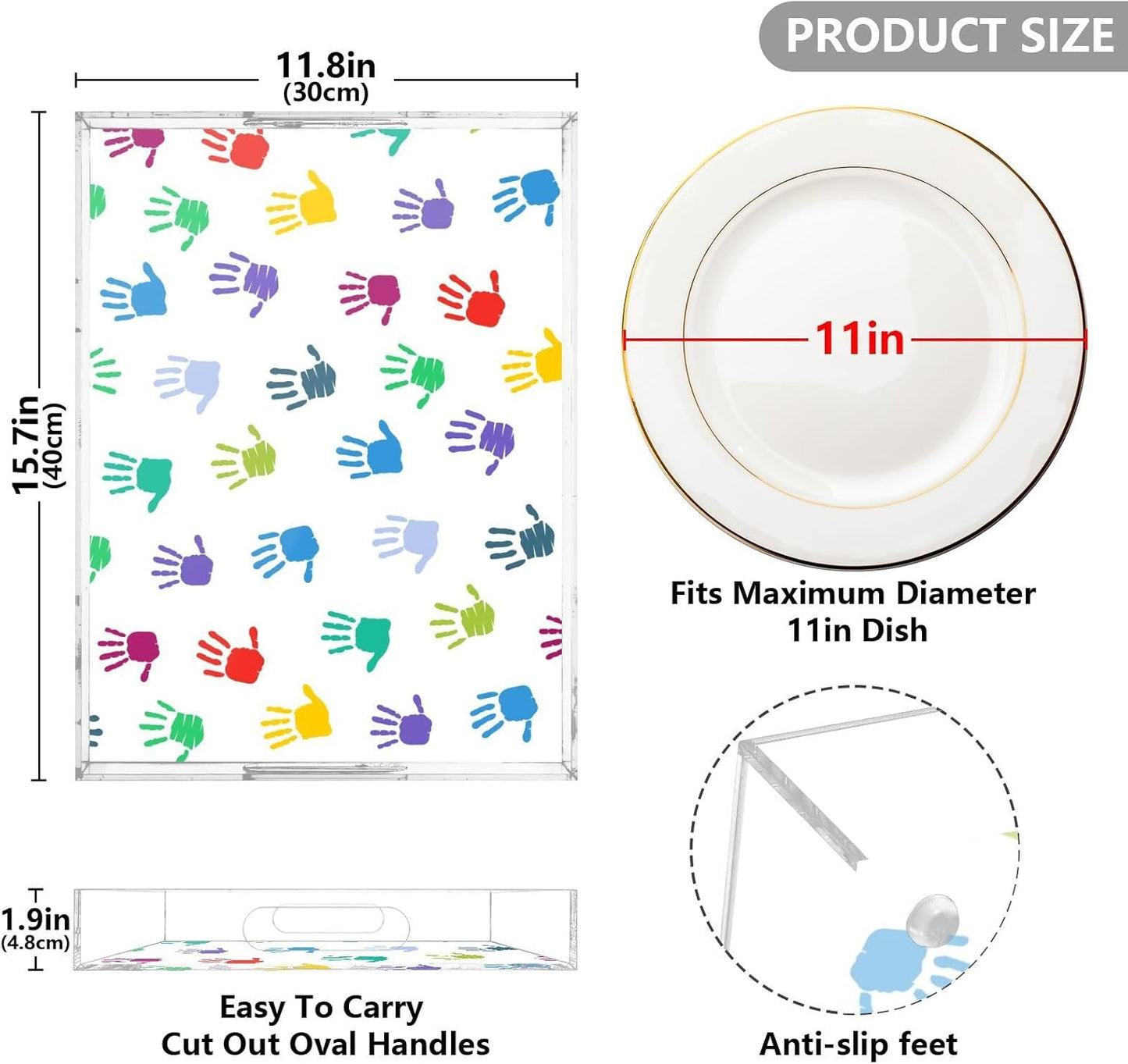 Acrylic Serving Tray with Handles Spill Proof Kitchen Storage Tray Clear Decorative Tray Makeup Drawer Organizer Storage Tray for Bathroom Living Room Ottoman 15.7x11.8Inches