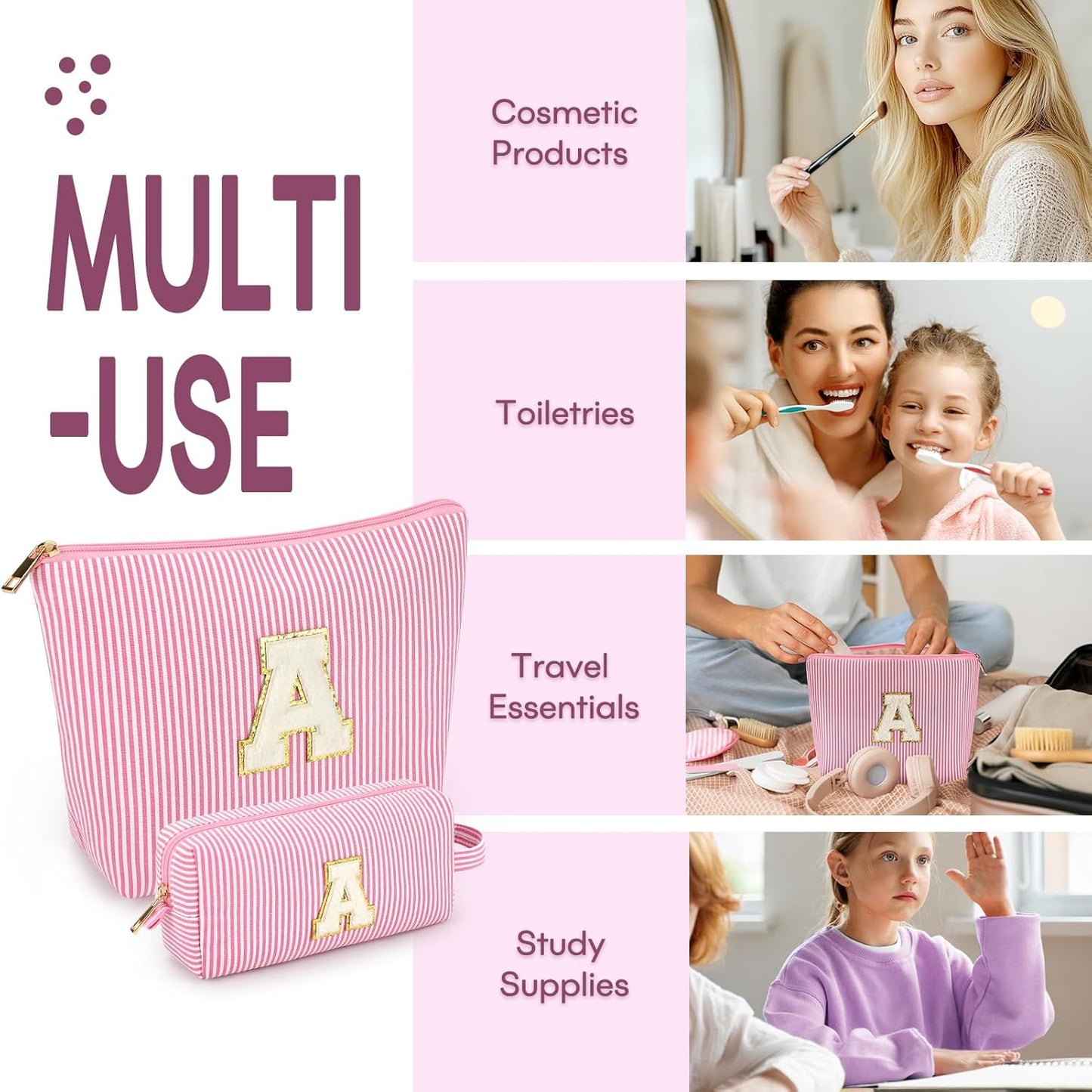 2 PCS Initial Makeup Bags for Women: Cosmetic Bag for Travel Toiletry - Birthday Gifts for 11 12 13 14 15 16 17 18 Years Old Girl Graduation Teacher Gift- Teen Girl Gifts Trendy Stuff - Pink A