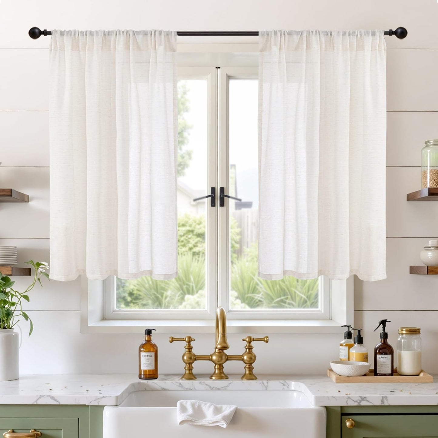 BGment Linen Curtains 40 Inch Length for Kitchen Cafe Window - Rod Pocket Ivory Semi Sheer Drapes Natural Light Filtering for Bedroom Bathroom Lightweight Rustic, 2 Panels Set, 42 X 40 Inch