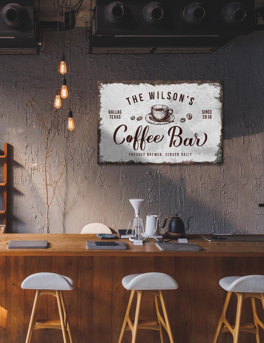 IPIC - Custom Tailored Canvas Coffee Bar Sign, Large Personalized Wall Art with Family Name, Rustic Style Wall Decor for Home, Kitchen or Business, Made in USA