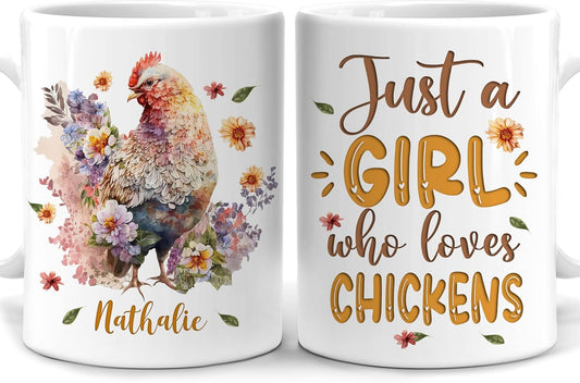 Hyturtle Personalized Gifts Chicken Lover - Just A Girl Who Loves Chickens Custom Name Ceramic Coffee Mug Cup 11oz - Idea Cute Animal Lover Gifts For Women, Girl kid Daughter On Birthday, Christmas