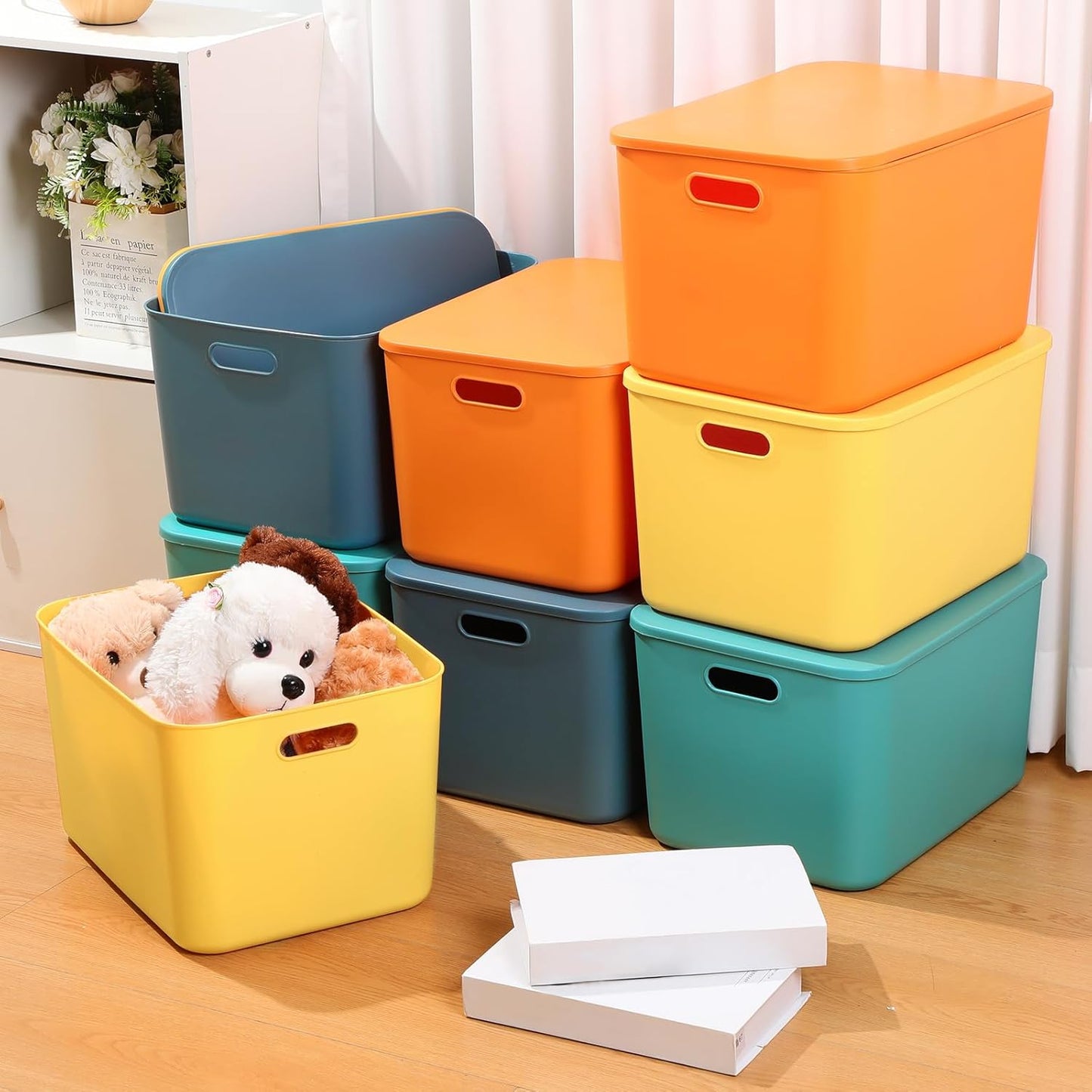 Hoolerry 8 Pieces Colorful Storage Bins with Lid, Plastic Storage Basket Organizing Container Stackable Box with Handle for Shelves Desktop Playroom Office(16.1 x 12.0 x 9.7 Inch,Multi-colored)