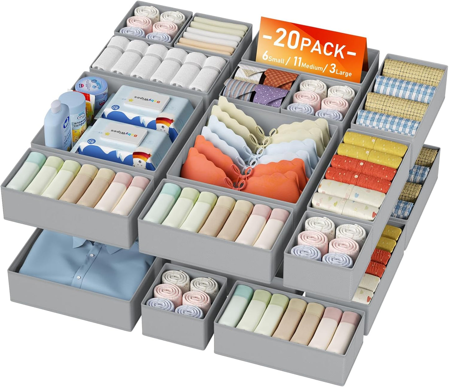 DIMJ Drawer Organizer Clothes Storage - 20 Pack Baby Dresser Organizer for Nursery, Foldable Closet Drawer Organizer Bins for Bedroom Organization, Fabric Storage Dividers for Socks, Underwears, Bras