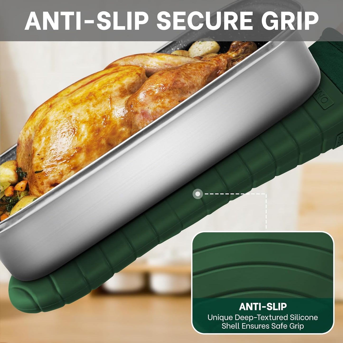 Beneno BPA-Free Silicone Oven Mitts, Heat Resistant Waterproof Oven Mitts with Non-Slip Textured Grip, Comfortable Quilted Lining, Kitchen Pot Holders for Cooking, Baking, Grilling, 7"x13", 2Pcs Green