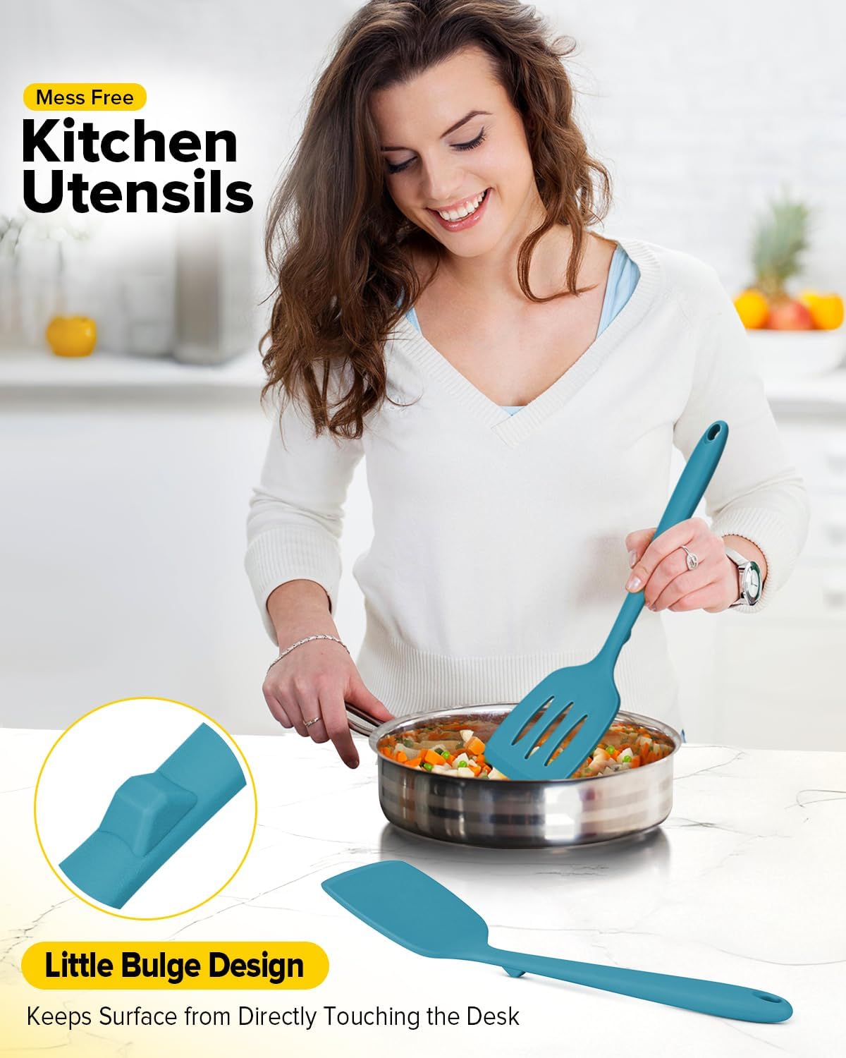 Pack of 2 Silicone Spatula Turners, Non Stick Slotted Kitchen Spatula Set, Heat Resistant BPA Free Kitchen Utensils, One-Piece Design, Suitable for Flipping Fish, Eggs, Steak, Pancakes(BLUE)