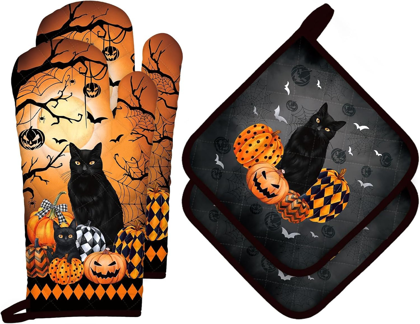 Halloween Cat Oven Mitts and Pot Holders Sets 4Pcs, 100% Cotton Heat Resistant, Extra Long Oven Gloves Potholder for Kitchen Cooking Baking Decoration