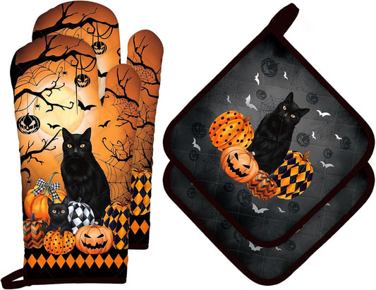 Halloween Cat Oven Mitts and Pot Holders Sets 4Pcs, 100% Cotton Heat Resistant, Extra Long Oven Gloves Potholder for Kitchen Cooking Baking Decoration