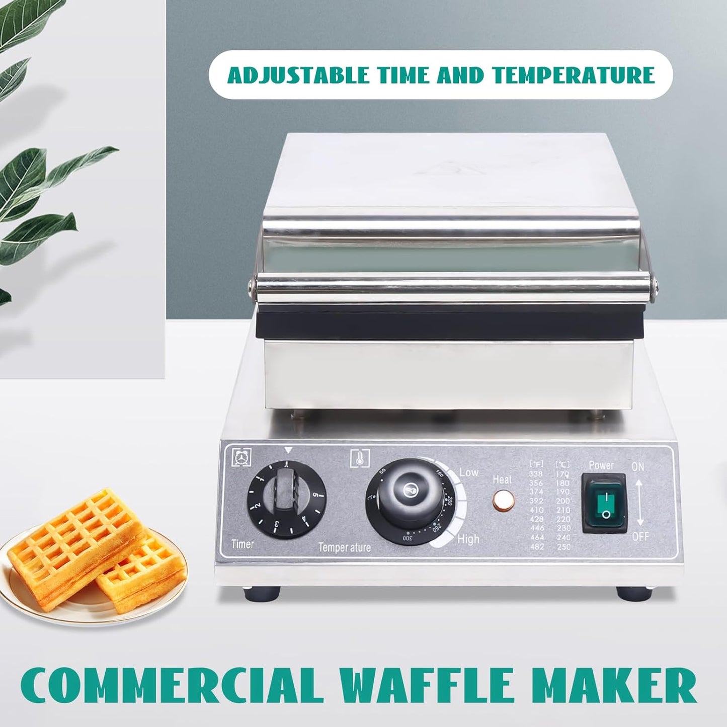 1750W 6 Grids Belgian Waffle Maker Machine with Temp and Time Control 122-572℉, 0-5 Mins, Non-Stick Plates Commercial Waffles Iron w/ 6 Molds, Stainless Steel Electric Waffle Making Machine
