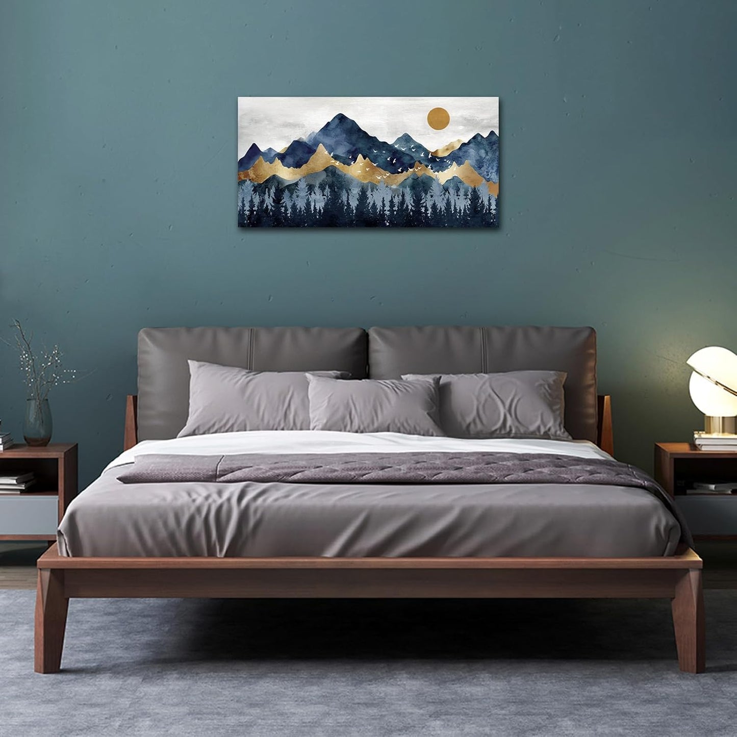 Abstract Nordic Canvas Wall Art - Indigo Blue and Brown Mountain Forest Picture Wall Decor Sun Birds Canvas Painting Nature Landscape Prints Artwork for Living Room Bedroom Decoration 20" x 40"