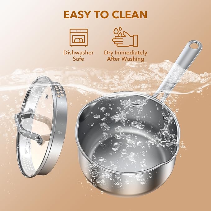 PekGema Stainless Steel Saucepan 3 Quart with Glass Strainer Lid, Thicken Tri-ply Full Sauce Pot, Two Side Spouts for Easy Pour, Dishwasher Safe, Induction Ready, Compatible with All Cooktops