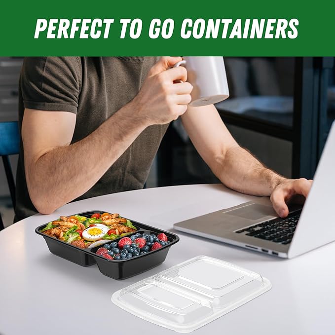 50 Pack (100-Piece) 28 oz Meal Prep Containers Reusable with Lids 2-Compartment, Sturdy Leakproof Food Safe, Microwave Freezer Dishwasher Safe, To Go Take Out Plastic Food Storage, Black