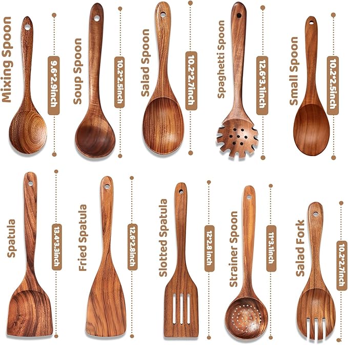 10 PCs Teak Wooden Utensil Set with Hooks, Wooden Spoons for Cooking, Wood Cooking Utensils Set, Comfort Grip, Non Stick Cookware, Easy to Clean, Kitchen Stuff, Wood Spatula