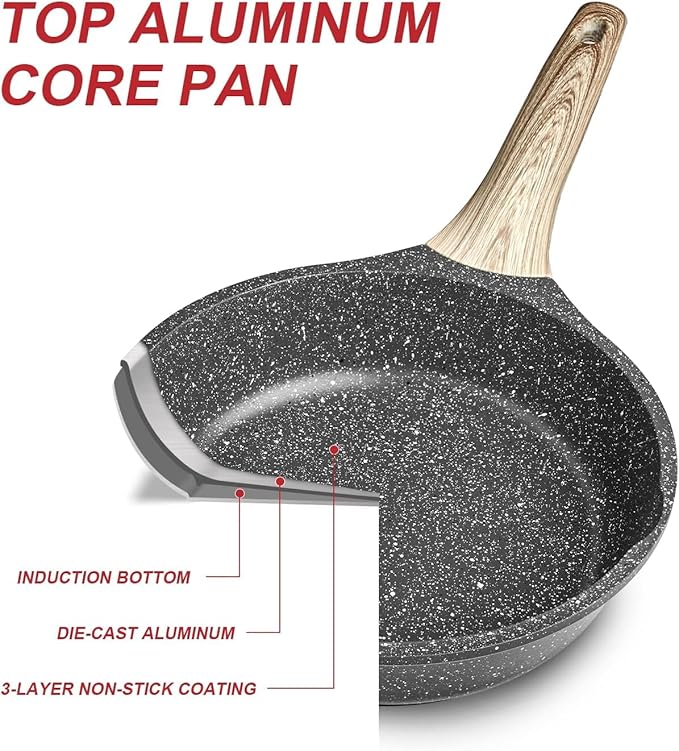 Caannasweis Nonstick Granite Frying Pan Skillet, Non Stick Omelette Fry Pans, Omelet Egg Pan, Stone Cookware Chef's Pan, Induction Compatible, PFOA Free (Gray, 9.5 Inch)