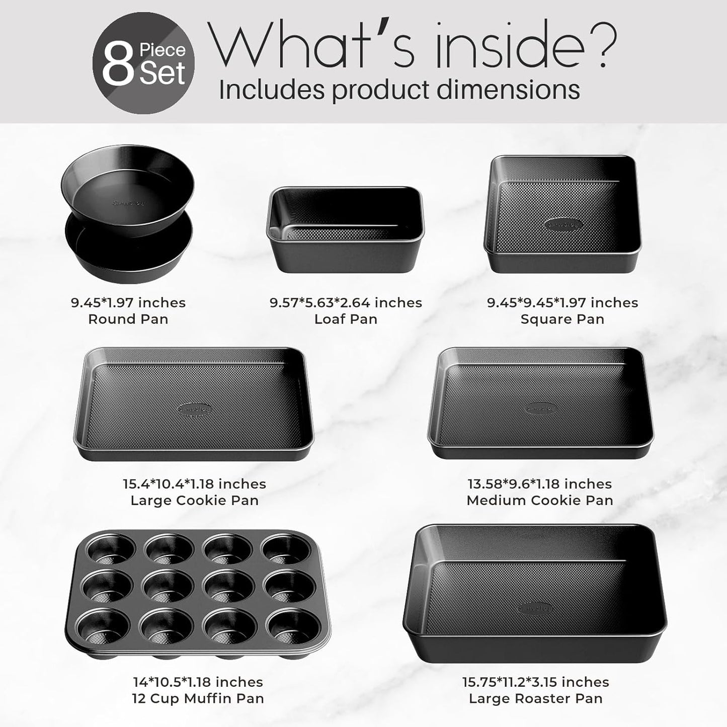 Nonstick Baking Pans Set, 8-Piece Stackable Bakeware Sets, Non-Toxic Oven Pan Set, Includes Baking Sheet, Cake Pan, Muffin Pan, Loaf Pan, Square Pan, Cookie Sheet & Roasting Pan, Black
