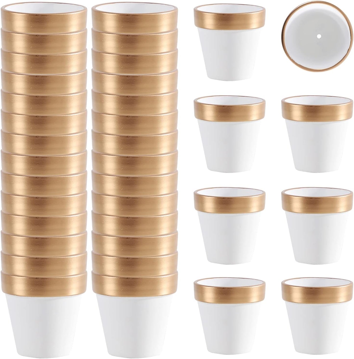 36 PCS Small Mini White&Gold Clay Pots with Drainage Holes,2.5inch Terra Cotta Pot Clay Ceramic Pottery Planter,Succulent Nursery Pot/Cactus Plant Pot,for Indoor/Outdoor Plants, Crafts, Wedding Favor