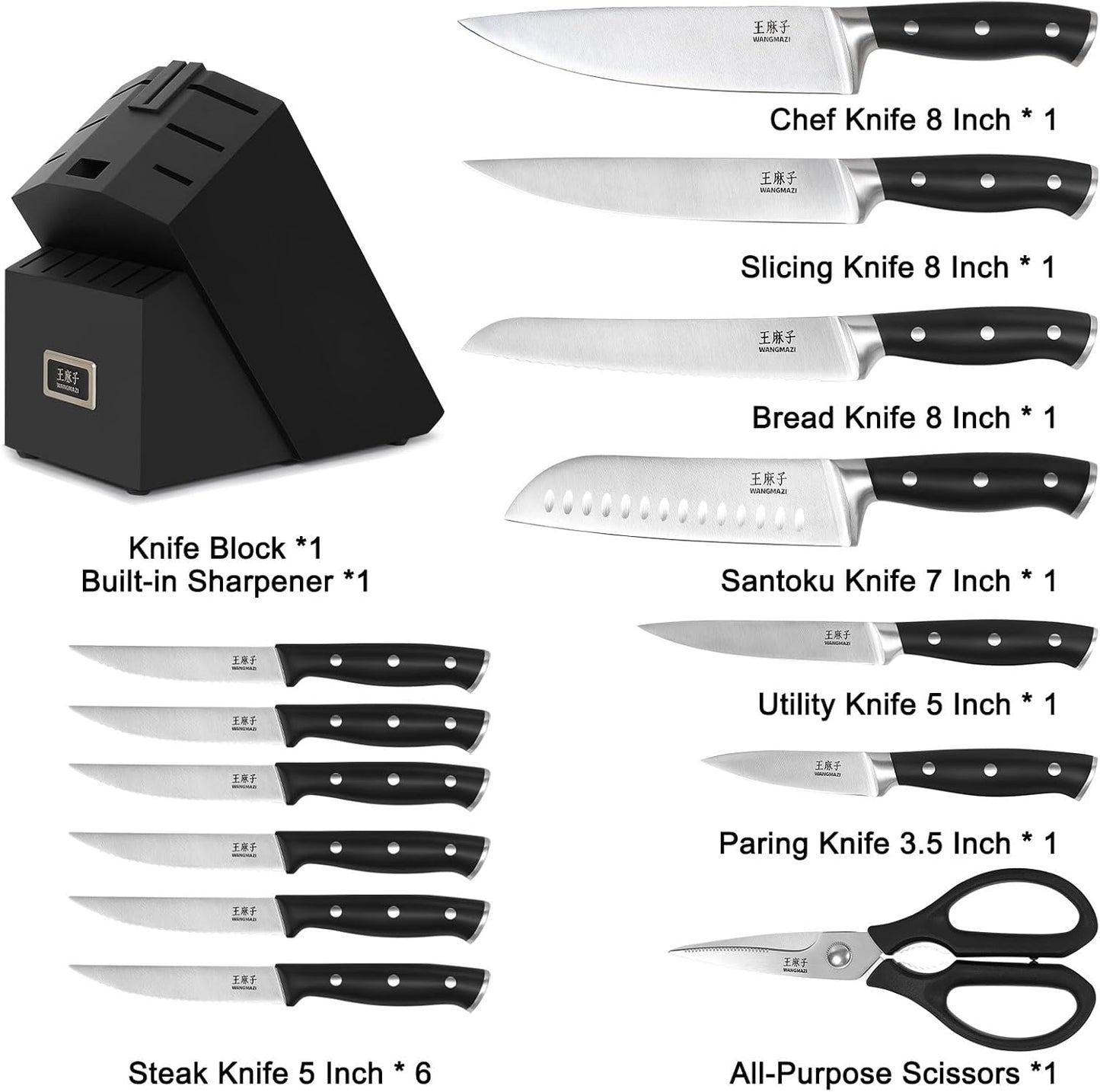 Premium Chef Knife Set,High Carbon Stainless Steel Ergonomic Rivet Handle,Sharp Knife Set for Kitchen,Hundreds of Years of Masterful Craftsmanship(Black,15PCS)
