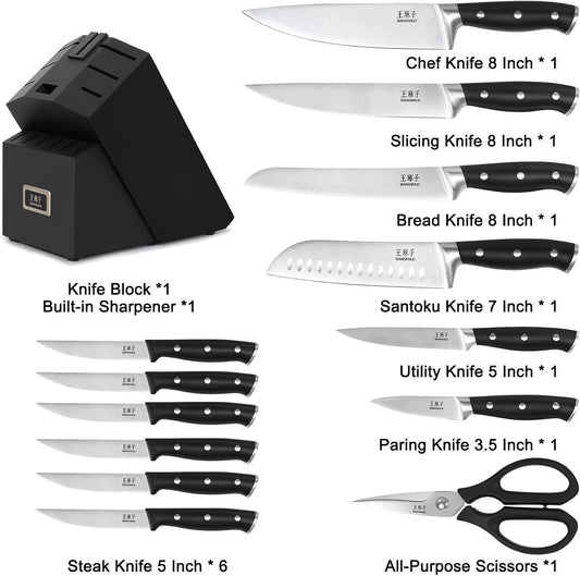 Premium Chef Knife Set,High Carbon Stainless Steel Ergonomic Rivet Handle,Sharp Knife Set for Kitchen,Hundreds of Years of Masterful Craftsmanship(Black,15PCS)