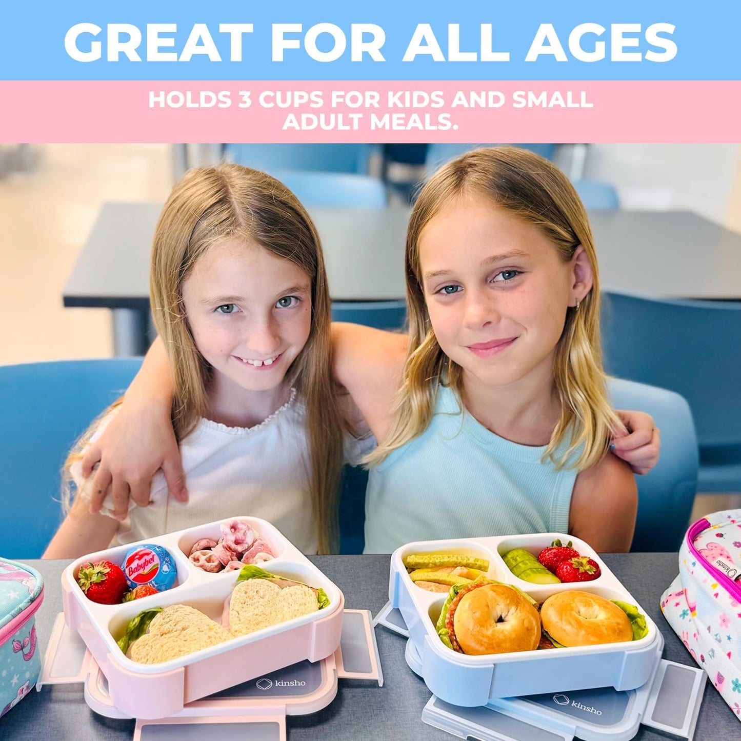 Medium Bento Boxes for Kids, Lunch-Box for Boys Girls Todderler Adults, Leak-proof 3 Compartment Containers for Meal or Snack at School Daycare Work Travel, BPA Free 2 pack (Pastel Blue + Pink)