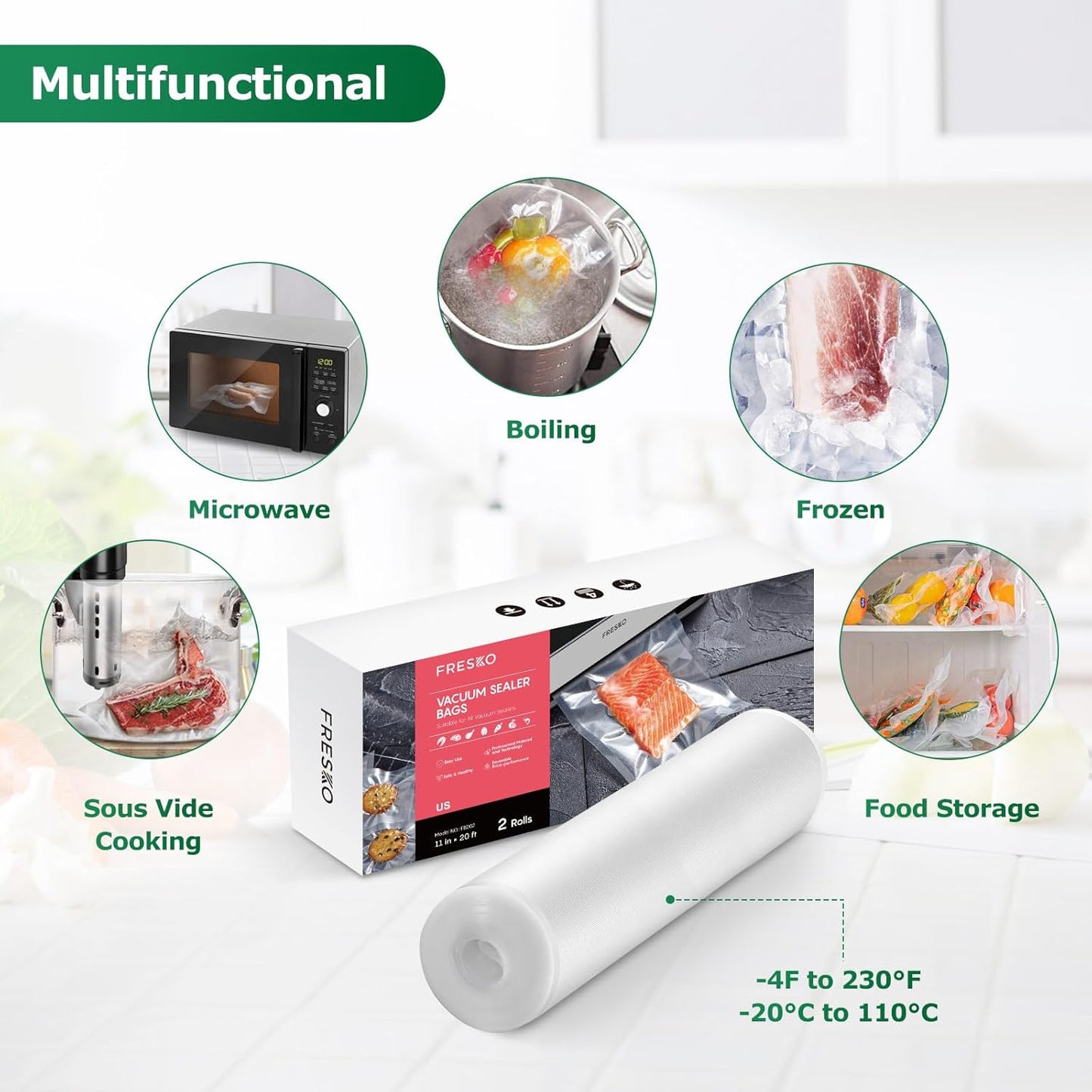 FRESKO Vacuum Sealer Bags Rolls 2 Packs 11" x 20', Commercial Grade Seal a Meal Bags for Storage Food and Sous Vide, BPA Free, Heavy Duty Customized Size Freezer Bags for Vacuum Sealer