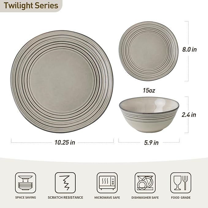 Famiware Twilight Plates and Bowls Sets 12-Piece Stoneware Dinnerware Sets, Dishes Set for 4, Hand-made Reactive Glaze Dish Set, Terre-verte
