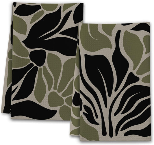 Sage Green Kitchen Towels, Abstract Boho Floral House Hand Towel Set of 2, Retro Gifts for Home Bathroom Holiday Decor - A02