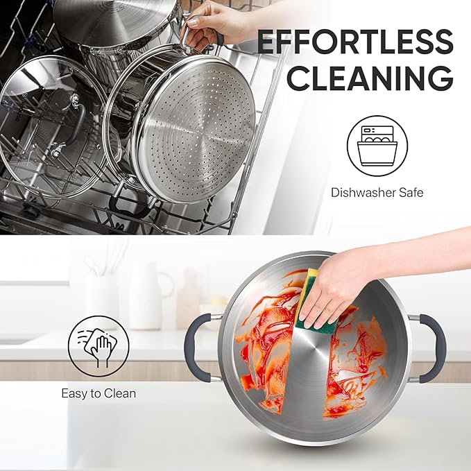 SUNHOUSE - 4.6 Quart Steamer Pots With Lid 2-Tier Multipurpose Stainless Steel Steaming Pot Cookware With Handle For Vegetable, Dumpling, Sauce, Food - Triple Bottom, Measurement Line