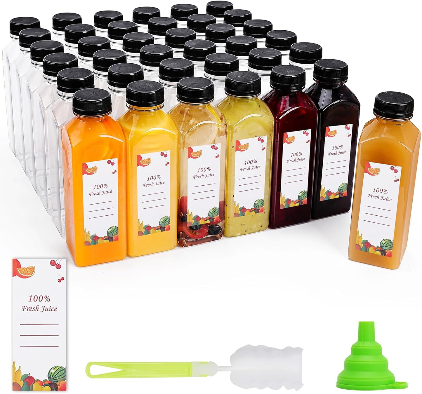 Plastic Juice Bottles 150 pcs 16 oz Empty Plastic Water Bottles with Caps Reusable Clear Beverage Containers for Drinking, Juicing, Smoothie, Water with 2 Brushes, 2 Funnels (16-OZ)