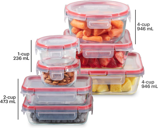 Pyrex Freshlock (7-Pack) Glass Food Storage Containers Set, (1, 2, 4 Cups) Airtight & Leakproof Locking Lids BPA-Free, Meal Prep Containers Set, Freezer Dishwasher Microwave Safe